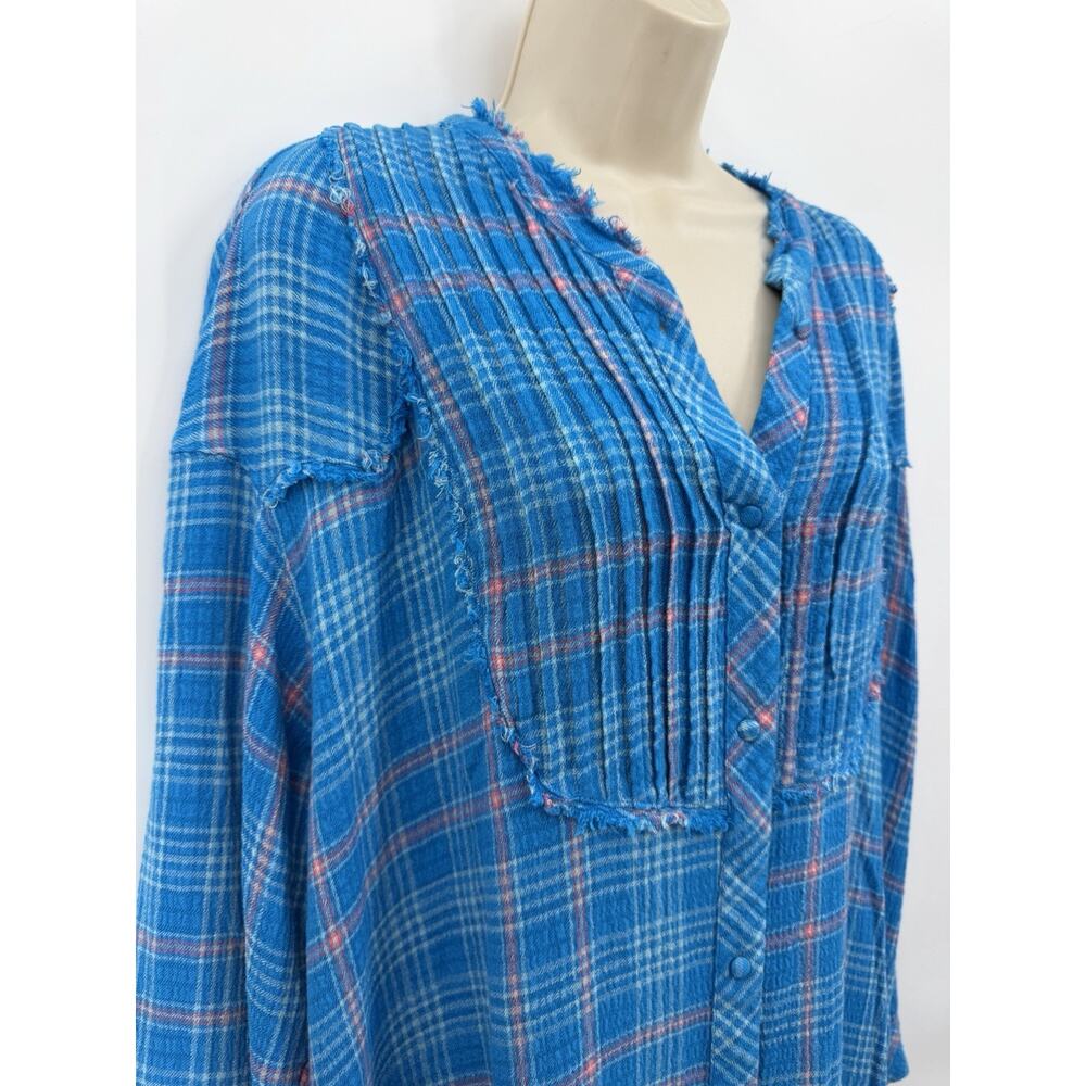 Free People Intimately Blue Plaid Long Sleeve PJ Top/Night Shirt Dress Large - Picture 4 of 12